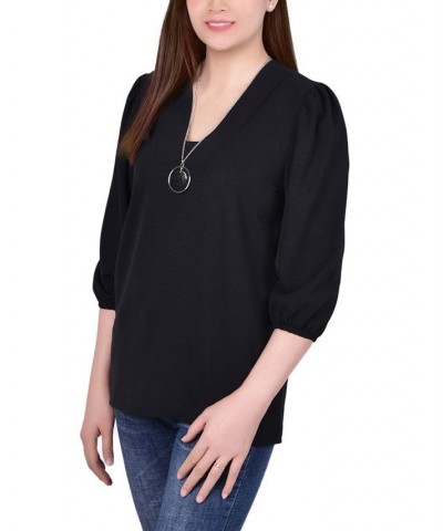 Petite Balloon Sleeve Pullover with Necklace Black $13.20 Tops