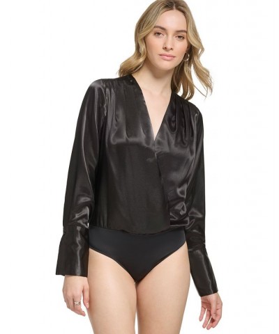 Women's X-Fit Long Sleeve Satin Faux-Wrap Bodysuit Black $26.63 Tops