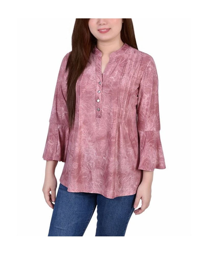 Women's 3/4 Bell Sleeve Pleat Front Y-neck Top Mauve Tie Dye $14.18 Tops