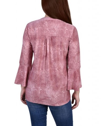 Women's 3/4 Bell Sleeve Pleat Front Y-neck Top Mauve Tie Dye $14.18 Tops