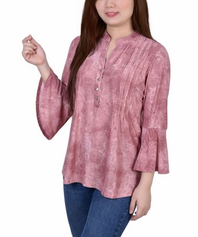 Women's 3/4 Bell Sleeve Pleat Front Y-neck Top Mauve Tie Dye $14.18 Tops