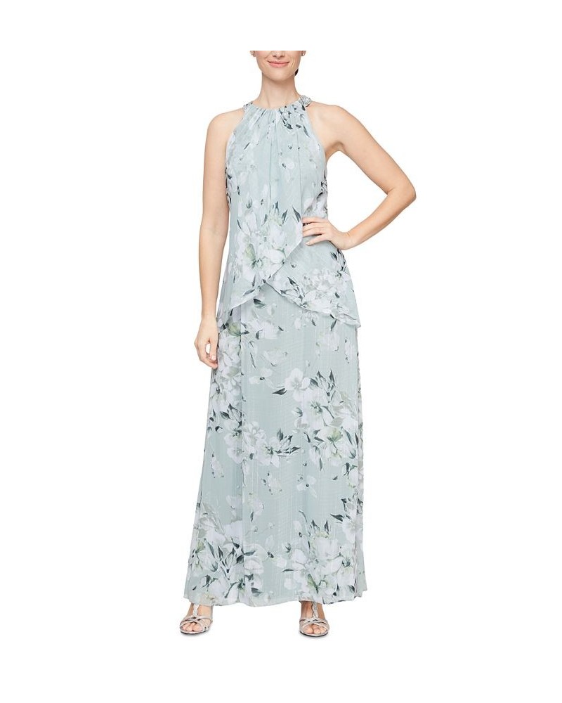 Women's Embellished Halter Floral-Print Chiffon Gown Aloe $56.62 Dresses