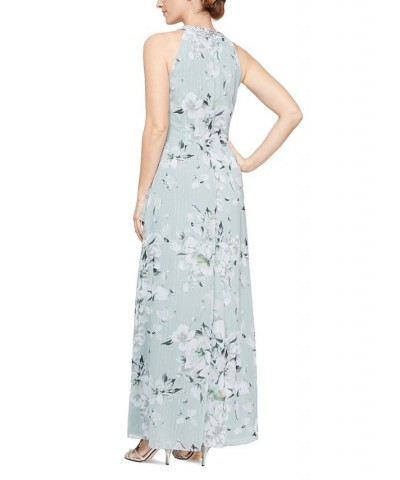 Women's Embellished Halter Floral-Print Chiffon Gown Aloe $56.62 Dresses