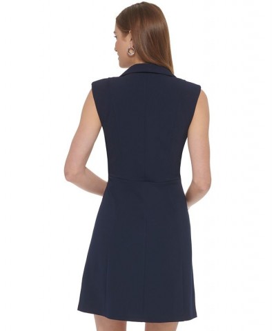 Women's Notched Collar Hardware Trim Sleeveless Sheath Dress Spring Navy $47.52 Dresses