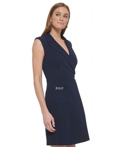 Women's Notched Collar Hardware Trim Sleeveless Sheath Dress Spring Navy $47.52 Dresses