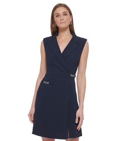 Women's Notched Collar Hardware Trim Sleeveless Sheath Dress Spring Navy $47.52 Dresses