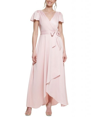 Women's Crepe-Back Satin Flutter-Sleeve Dress Pink Morganite $34.88 Dresses