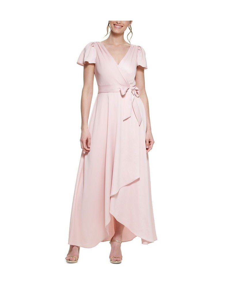 Women's Crepe-Back Satin Flutter-Sleeve Dress Pink Morganite $34.88 Dresses