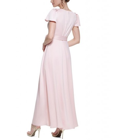 Women's Crepe-Back Satin Flutter-Sleeve Dress Pink Morganite $34.88 Dresses