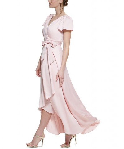 Women's Crepe-Back Satin Flutter-Sleeve Dress Pink Morganite $34.88 Dresses