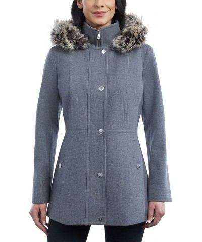 Women's Faux-Fur-Trim Hooded Walker Coat Gray $80.00 Coats