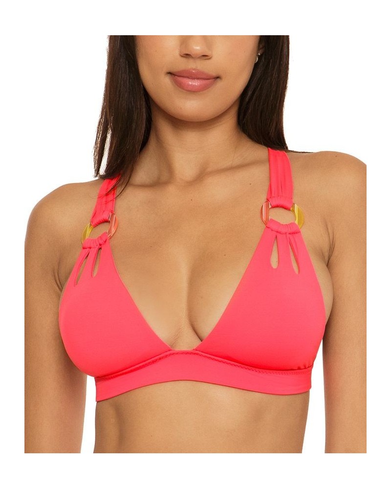 Women's Color Code V-Neck Ring-Strap Bikini Top Pink $36.96 Swimsuits