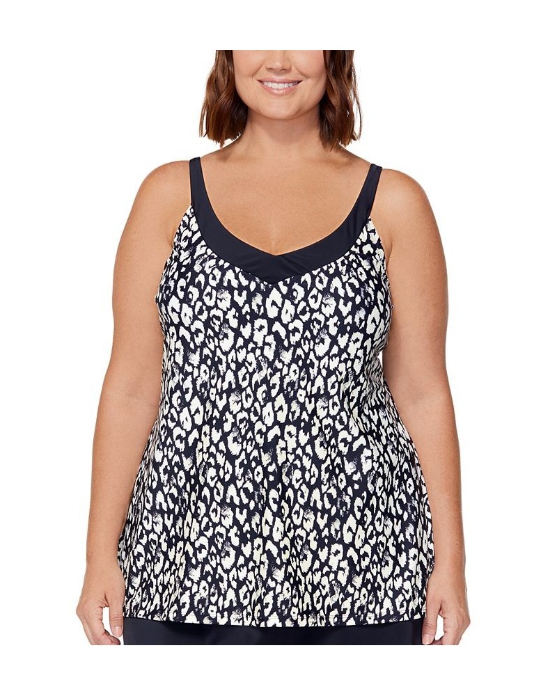 Plus Size Printed Racer-Back Underwire Tankini Swim Top Black/White $32.99 Swimsuits