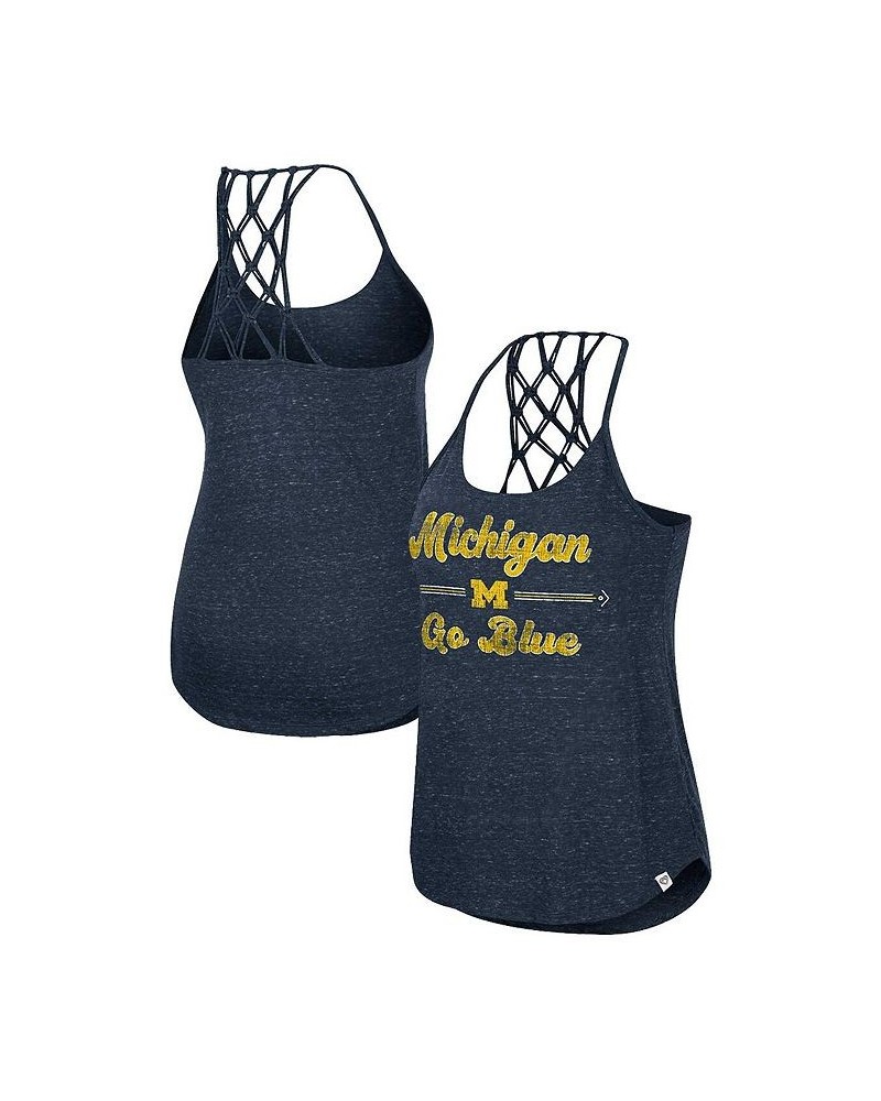 Women's Navy Michigan Wolverines Glenda Macrame Racerback Scoop Neck Tank Top Navy $21.99 Tops