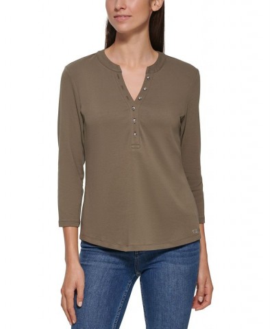 3/4 Sleeve Button Front Henley Green $20.25 Tops