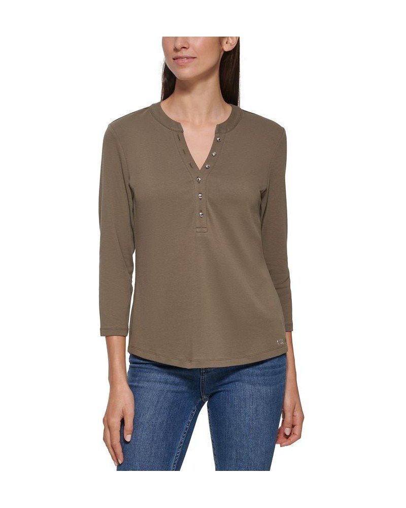 3/4 Sleeve Button Front Henley Green $20.25 Tops