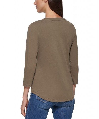 3/4 Sleeve Button Front Henley Green $20.25 Tops