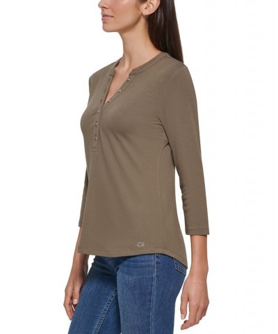 3/4 Sleeve Button Front Henley Green $20.25 Tops