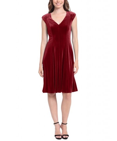 Women's V-Neck Fit & Flare Velvet Dress Red $59.50 Dresses