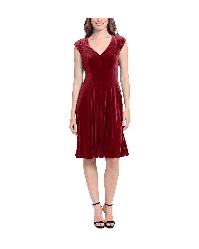 Women's V-Neck Fit & Flare Velvet Dress Red $59.50 Dresses