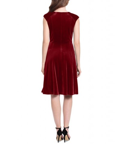 Women's V-Neck Fit & Flare Velvet Dress Red $59.50 Dresses