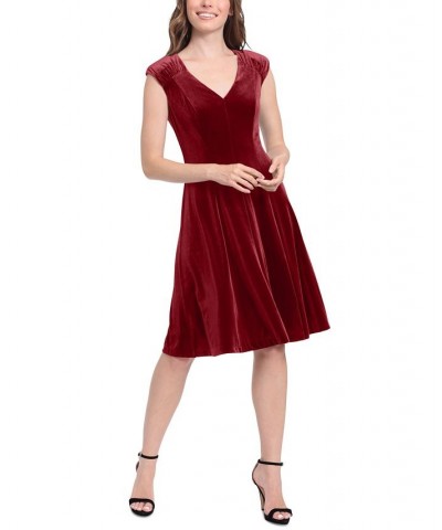 Women's V-Neck Fit & Flare Velvet Dress Red $59.50 Dresses