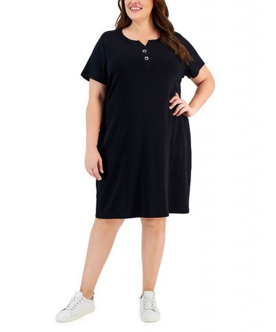Plus Size Toggle-Neck Short-Sleeve Henley Dress Deep Black $24.40 Dresses