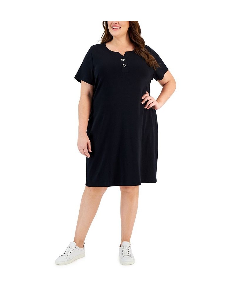 Plus Size Toggle-Neck Short-Sleeve Henley Dress Deep Black $24.40 Dresses