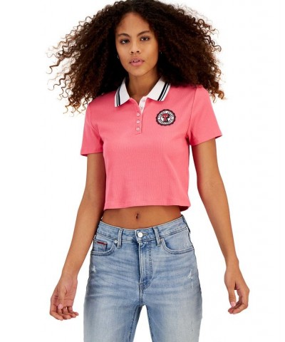 Women's Logo Patch Cropped Polo Shirt Pink $19.32 Tops