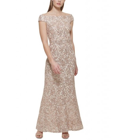 Women's Off-The-Shoulder Embellished-Lace Gown Sand $90.30 Dresses