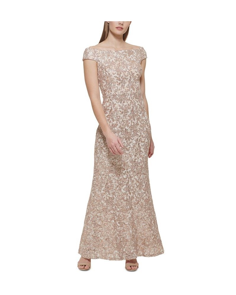 Women's Off-The-Shoulder Embellished-Lace Gown Sand $90.30 Dresses