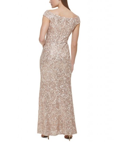 Women's Off-The-Shoulder Embellished-Lace Gown Sand $90.30 Dresses