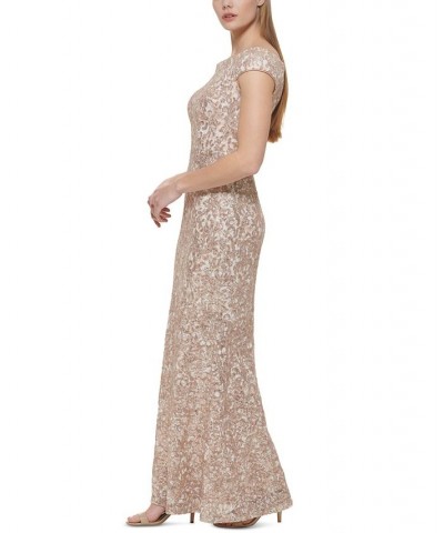 Women's Off-The-Shoulder Embellished-Lace Gown Sand $90.30 Dresses