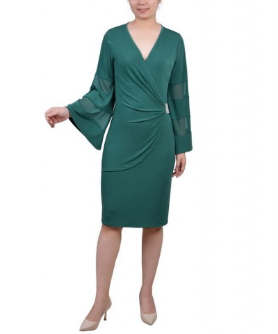 Petite Sheer-Sleeve Wrap Dress Green $21.06 Dresses
