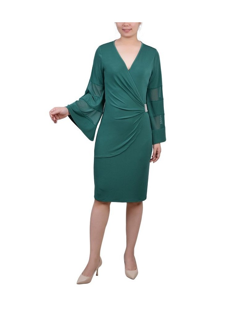 Petite Sheer-Sleeve Wrap Dress Green $21.06 Dresses