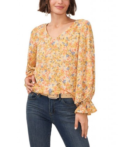 Women's V-neck Blouson Sleeve Blouse Tangerine $29.27 Tops