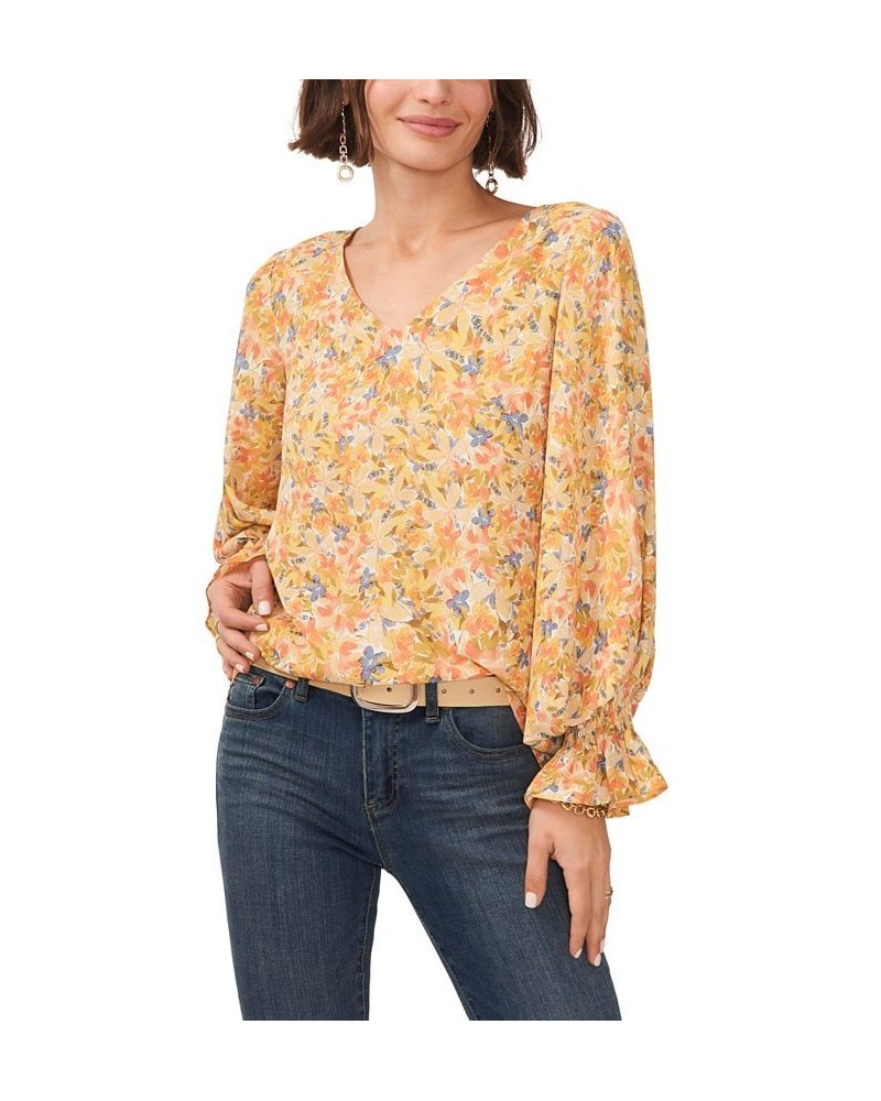 Women's V-neck Blouson Sleeve Blouse Tangerine $29.27 Tops