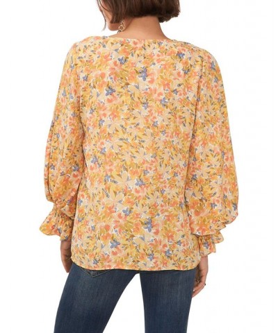 Women's V-neck Blouson Sleeve Blouse Tangerine $29.27 Tops