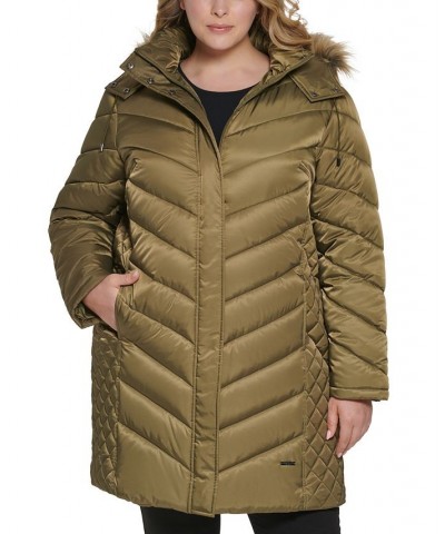 Women's Plus Size Faux-Fur-Trim Hooded Puffer Coat Green $66.30 Coats