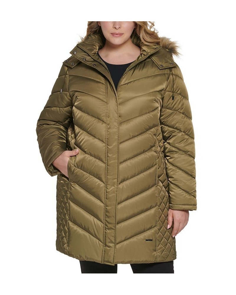 Women's Plus Size Faux-Fur-Trim Hooded Puffer Coat Green $66.30 Coats