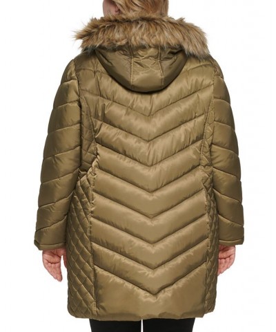 Women's Plus Size Faux-Fur-Trim Hooded Puffer Coat Green $66.30 Coats