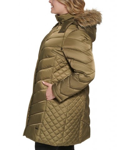 Women's Plus Size Faux-Fur-Trim Hooded Puffer Coat Green $66.30 Coats