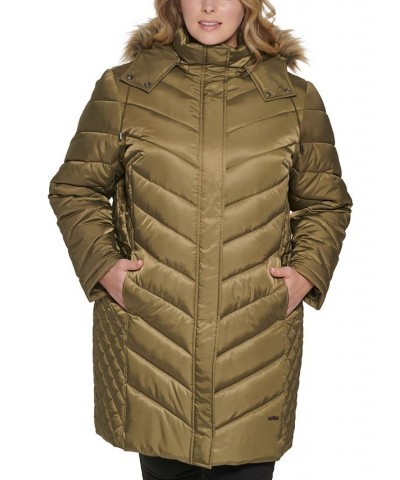 Women's Plus Size Faux-Fur-Trim Hooded Puffer Coat Green $66.30 Coats