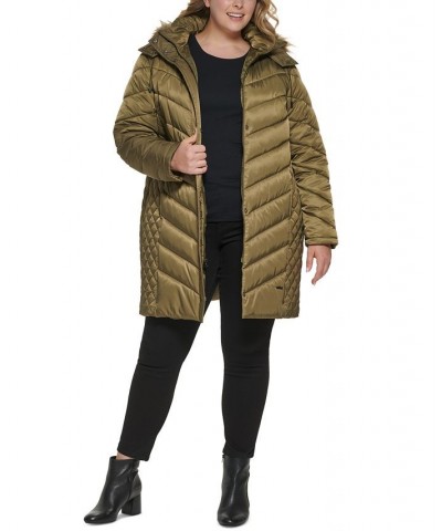 Women's Plus Size Faux-Fur-Trim Hooded Puffer Coat Green $66.30 Coats