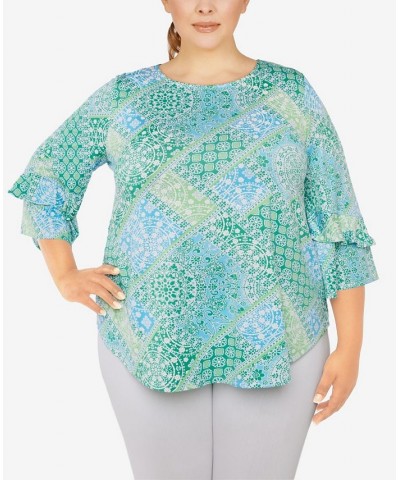 Plus Size Knit Bandana Puff Print Top Green $23.10 Tops