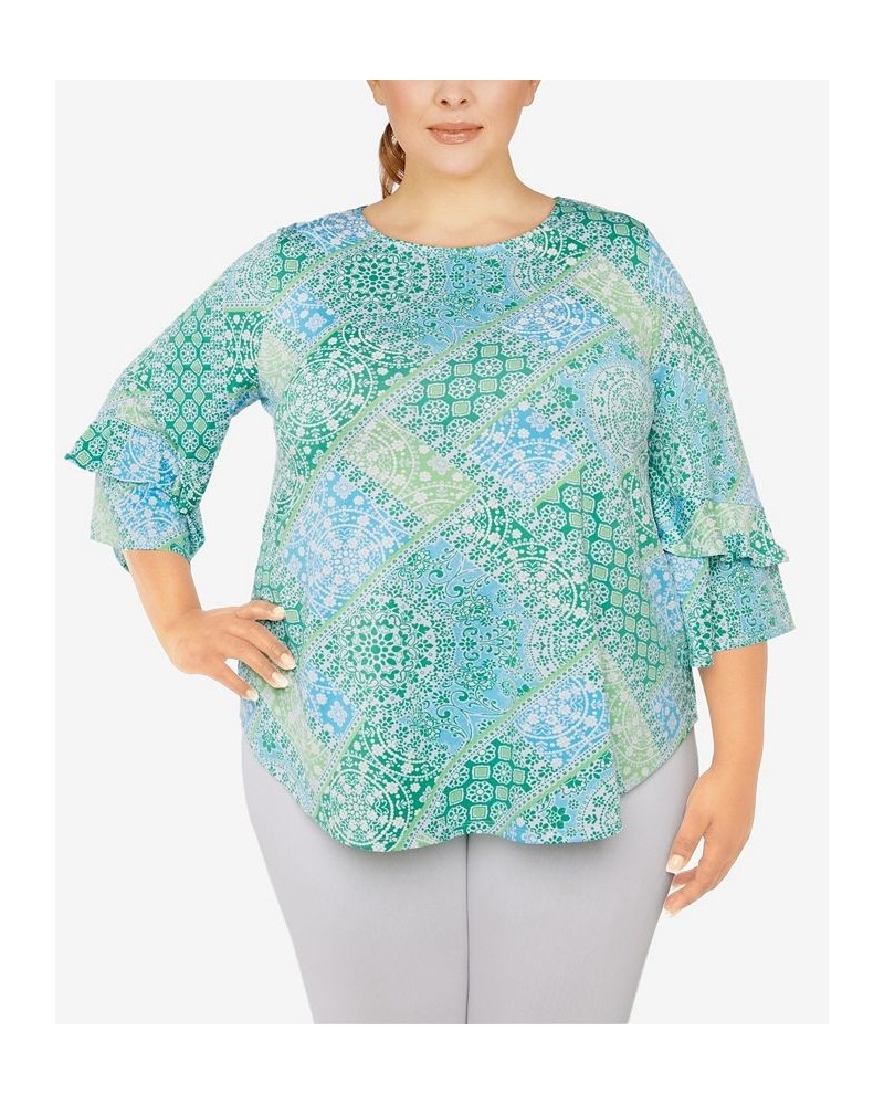 Plus Size Knit Bandana Puff Print Top Green $23.10 Tops