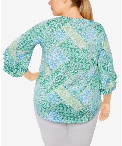 Plus Size Knit Bandana Puff Print Top Green $23.10 Tops