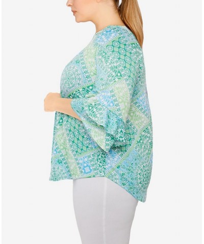 Plus Size Knit Bandana Puff Print Top Green $23.10 Tops