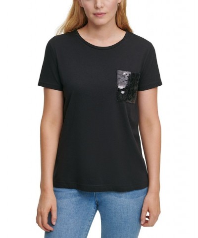 Short Sleeve Sequin Pocket T-Shirt Black $35.40 Tops