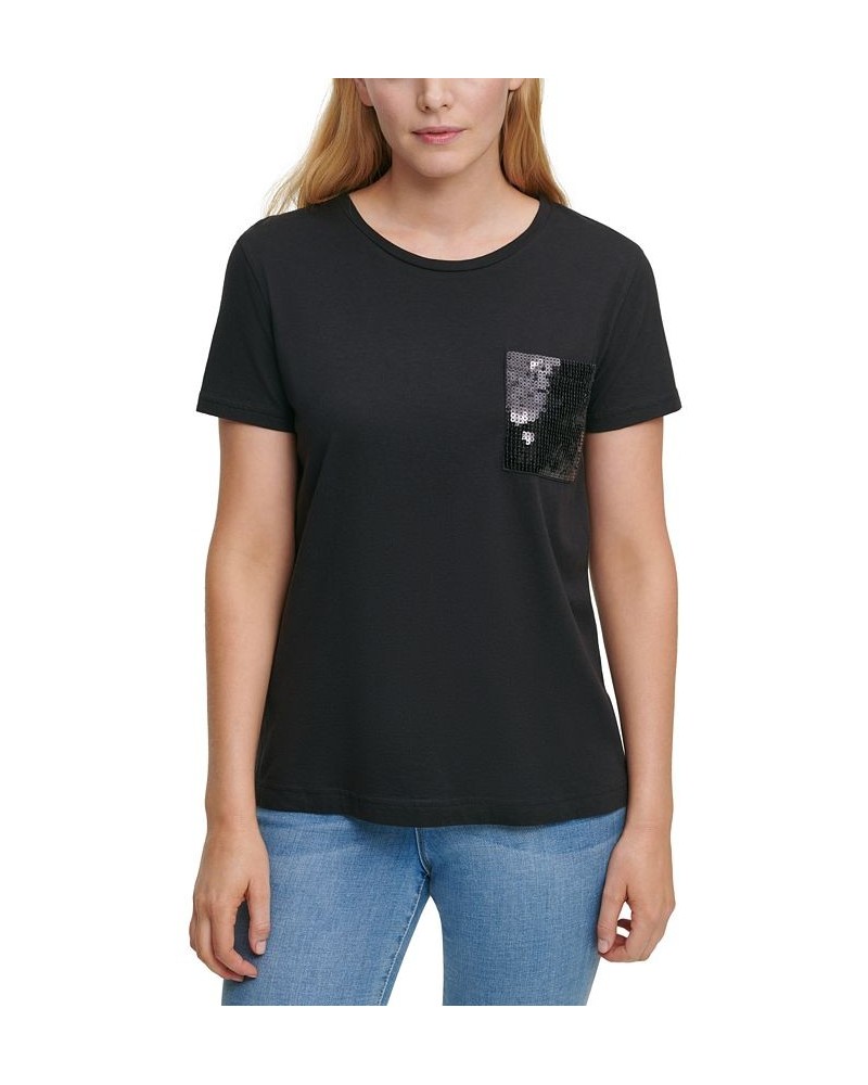 Short Sleeve Sequin Pocket T-Shirt Black $35.40 Tops